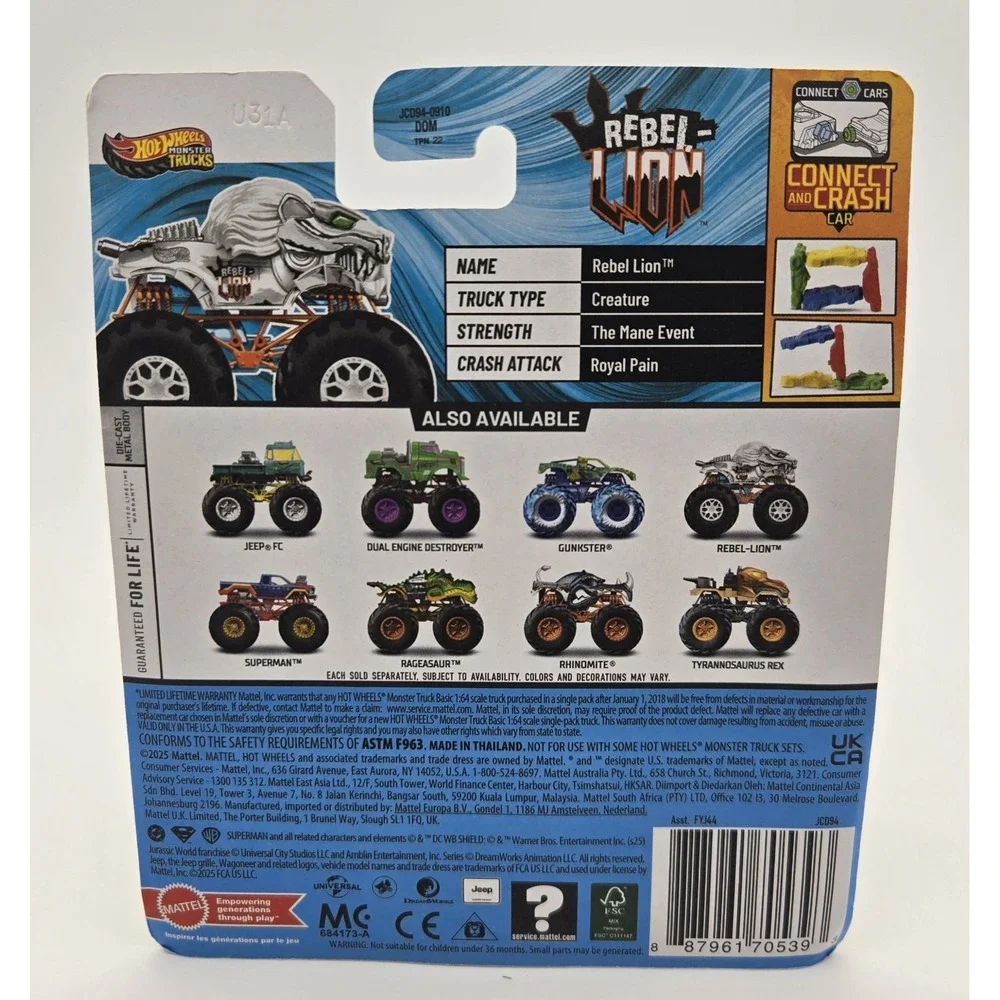 Rebel Lion 2025 Hot Wheels Monster Trucks 1:64 Diecast Crushed‎ Car Toy